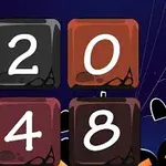 Čtyři barevné dlaždice s čísly 2, 0, 4, a 8 na tmavém pozadí s motivy svátku Halloween