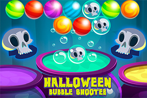 Barevné bubliny na tmavě modrém pozadí s lebkami a nápisem Halloween Bubble Shooter