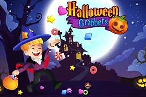 Halloweenská scéna s veselým čarodějem, který drží tašku plnou cukrovinek, před hradem na kopci pod úplňkem a hvězdami