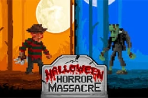 Dva pixeloví postavy stojí proti sobě na pozadí s oranžovým a modrým měsícem, s nápisem Halloween Horror Massacre vpředu