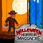 Dva pixeloví postavy stojí proti sobě na pozadí s oranžovým a modrým měsícem, s nápisem Halloween Horror Massacre vpředu