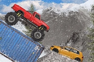 Červený terénní vůz přejíždí přes modrý kontejner a sněhem pokrytou horskou krajinu, zatímco vedle je zaparkované žluté auto