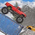 Červený terénní vůz přejíždí přes modrý kontejner a sněhem pokrytou horskou krajinu, zatímco vedle je zaparkované žluté auto