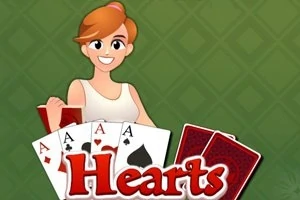 Žena s hnědými vlasy drží karty, na kterých jsou esa, na zeleném vzoru s nápisem Hearts