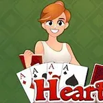 Žena s hnědými vlasy drží karty, na kterých jsou esa, na zeleném vzoru s nápisem Hearts