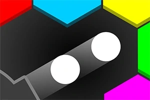 Barevné hexagony na černém pozadí s dvěma bílými kruhy ve středu