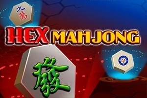 Název HEX MAHJONG s barevnými dlaždicemi v pozadí v hexagonálním stylu