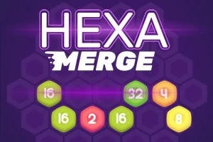 Text Hexa Merge na fialovém pozadí s barevnými očíslovanými šestiúhelníky