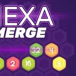 Text Hexa Merge na fialovém pozadí s barevnými očíslovanými šestiúhelníky