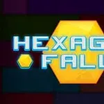 Barevné pozadí s nápisem Hexagon Fall před žlutým šestiúhelníkem