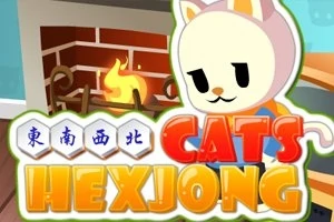 Kočka v kostýmu stojí před krbem s nápisem Cats Hexjong