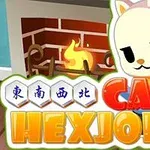 Kočka v kostýmu stojí před krbem s nápisem Cats Hexjong