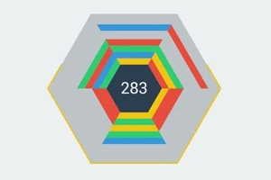 Barevný hexagon složený z různobarevných pruhů se středovým číslem 283