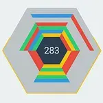 Barevný hexagon složený z různobarevných pruhů se středovým číslem 283