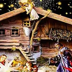 Betlém s postavami Marie, Josefa a Ježíška v jesličkách, obklopený pastýři a andělem, s hvězdami na noční obloze
