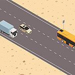 Na obrázku je silnice vedoucí pouští, po které jedou nákladní auto, osobní vůz a žlutý autobus