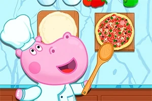 Růžový hroch kuchař s vařečkou připravuje pizzu na kuchyňském stole