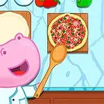 Růžový hroch kuchař s vařečkou připravuje pizzu na kuchyňském stole