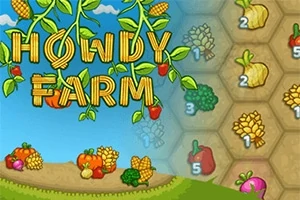Název Howdy Farm je vytvořen ze zralých kukuric, obklopený listy a plody, nad ilustrací farmářské krajiny s různou zeleninou položenou na zemi