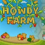 Název Howdy Farm je vytvořen ze zralých kukuric, obklopený listy a plody, nad ilustrací farmářské krajiny s různou zeleninou položenou na zemi