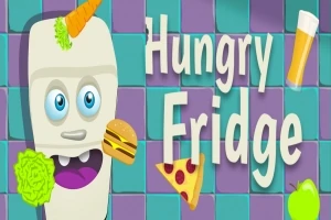 Lednice s různými potravinami kolem, jako je hamburger, pizza, mrkev a salát, na pestrobarevném pozadí s nápisem Hungry Fridge