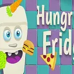 Lednice s různými potravinami kolem, jako je hamburger, pizza, mrkev a salát, na pestrobarevném pozadí s nápisem Hungry Fridge