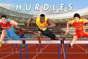 Tři atleti skáčou přes překážky na stadionu pod nápisem HURDLES