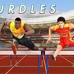 Tři atleti skáčou přes překážky na stadionu pod nápisem HURDLES
