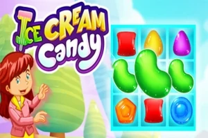 Barevný design s názvem Ice Cream Candy, postavičkou dívky a hrací mřížkou s různými bonbóny