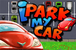 Barevná ilustrace s červenými auty a nápisem „i park my car“ na pozadí parkoviště s různými zaparkovanými vozidly