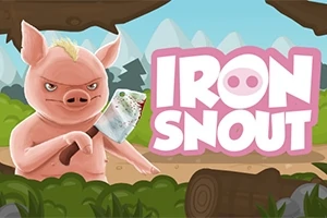 Růžové prase s nožem v lese s nápisem IRON SNOUT
