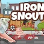 Růžové prase s nožem v lese s nápisem IRON SNOUT