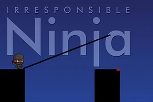 Malá postava ninji stojící na plošině s tyčí nataženou přes propast na tmavě modrém pozadí s nápisem Irresponsible Ninja