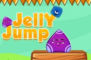 Fialový želatinový tvor s obličejem sedící na dřevěné plošině pod nápisem Jelly Jump s modrým tvorem skákajícím nad ním
