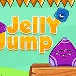 Fialový želatinový tvor s obličejem sedící na dřevěné plošině pod nápisem Jelly Jump s modrým tvorem skákajícím nad ním