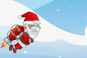 Santa Claus letí s jetpackem na zádech přes zasněženou krajinu