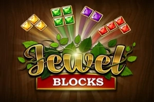 Nápis Jewel Blocks s listy a barevnými drahokamy v různých tvarech na tmavém pozadí