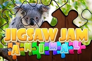 Puzzle s koalou a barevným nápisem Jigsaw Jam Animal na dřevěném pozadí