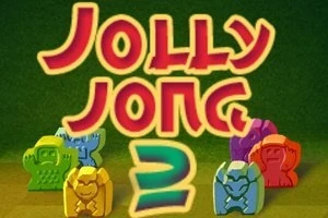 Text Jolly Jong 2 na zeleném pozadí s barevnými figurkami dole