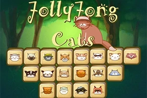 Barevná ilustrace s kočkami a názvem Jolly Jong Cats v tmavém lesním pozadí