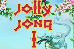 Nápis Jolly Jong na pozadí s modrým drakem a kvetoucími větvemi