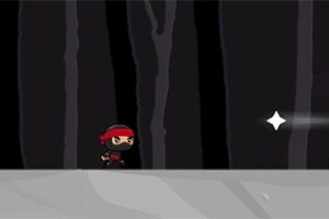 Postava ninja s červenou páskou běží lesem směrem k jasně zářícímu objektu