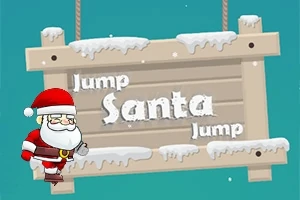 Santa Claus stojí vedle dřevěné tabule pokryté sněhem s nápisem Jump Santa Jump
