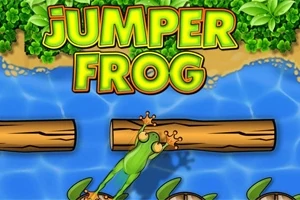 Žába skáče přes řeku na kládě obklopená listy a želvami, s nápisem Jumper Frog