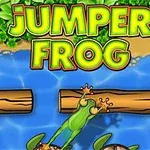 Žába skáče přes řeku na kládě obklopená listy a želvami, s nápisem Jumper Frog