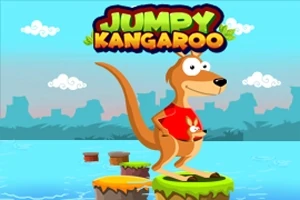 Animovaný klokan v červeném tričku stojí na plovoucím ostrůvku na vodní hladině s nápisem Jumpy Kangaroo nahoře a siluetou města v pozadí