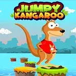 Animovaný klokan v červeném tričku stojí na plovoucím ostrůvku na vodní hladině s nápisem Jumpy Kangaroo nahoře a siluetou města v pozadí