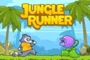 Kreslený mýval v žlutém tričku běží džunglí, kde čelí fialové masožravé rostlině, s nápisem Jungle Runner nahoře