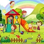 Děti si hrají na hřišti s prolézačkami a skluzavkou obklopené přírodou, duhou a horami na pozadí