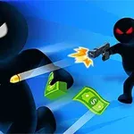Černá kreslená postava utíká s penězi, zatímco je střílena jinou postavou na modrém pozadí